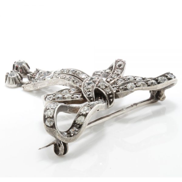 Antique Victorian Old Cut Diamond and Platinum Bow Brooch, 1.44cts