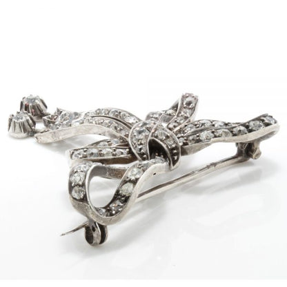 Antique Victorian Old Cut Diamond and Platinum Bow Brooch, 1.44cts