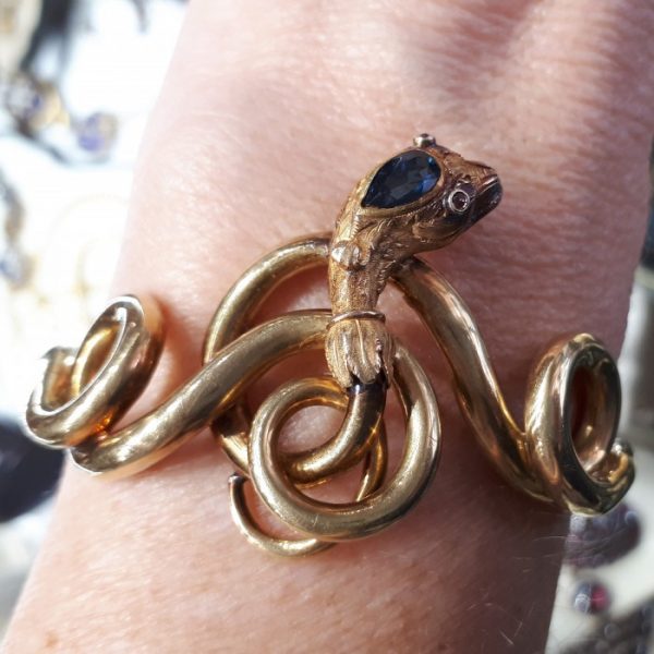 Antique Victorian Sapphire, Ruby and Gold Snake Bangle Bracelet