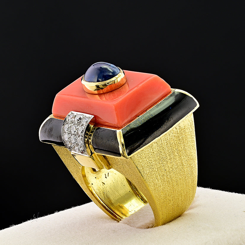 Vintage David Webb Coral Sapphire Enamel Diamond Gold Cocktail Ring