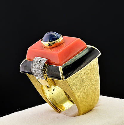 Vintage David Webb Coral Sapphire Enamel Diamond Gold Cocktail Ring
