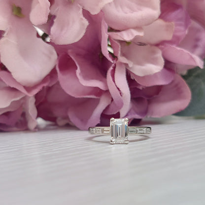 GIA Certified E VS2 1.03ct Emerald Cut Diamond Solitaire Engagement Ring in Platinum with Baguette Diamond Shoulders