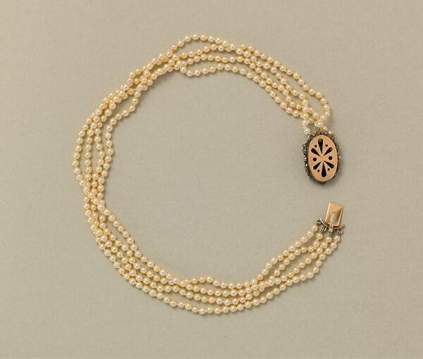 Four Row Pearl Necklace with Rose Cut Diamond Clasp