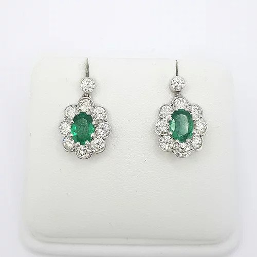 1.40ct Emerald and Diamond Cluster Drop Earrings