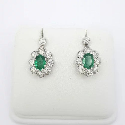 1.40ct Emerald and Diamond Cluster Drop Earrings