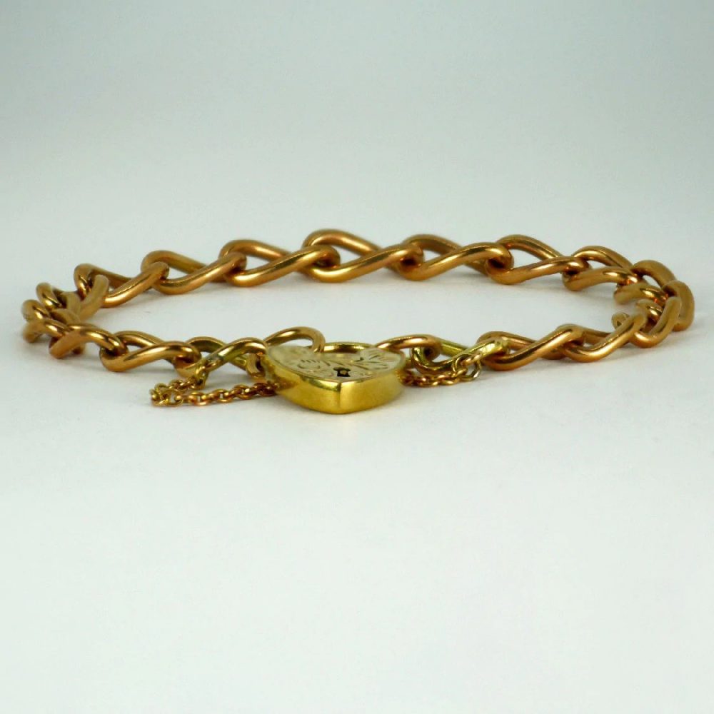 Georg Jensen Rose Gold Curb Link Bracelet with Engraved Heart Padlock