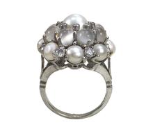 Cats Eye Moonstone and Pearl Cluster Bombe Cocktail Ring