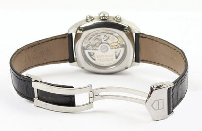 Tag Heuer Monza 38mm Steel Automatic Chronograph; Ref. CR5110, black dial with Arabic numerals, calibre 36 movement visible through the display back, on a TAG Heuer black leather strap with stainless steel push-button deployment buckle.