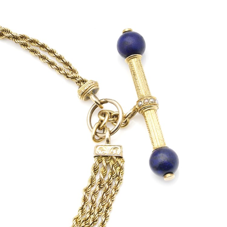 19th Century Antique 18ct Yellow Gold Chatelaine Bracelet with Lapis Lazuli and Pearls