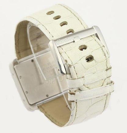Cartier Tank Divan 2612 Large Model Stainless Steel Automatic, white dial, Roman numerals, sapphire crystal, Cartier white leather strap with stainless steel pin buckle.