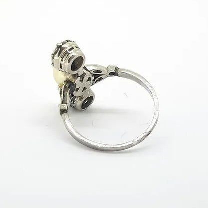 Antique Natural Pearl and Old Cut Diamond Trilogy Ring