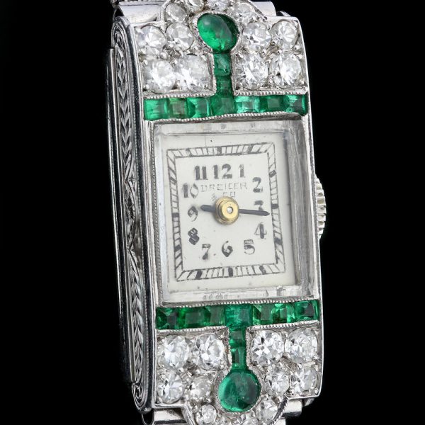Drecier and Co Art Deco Platinum Manual Watch with Emeralds and Old Cut Diamonds