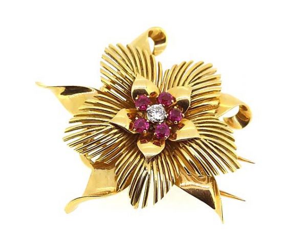 Vintage French Ruby and Diamond set 18ct Yellow Gold Floral Brooch
