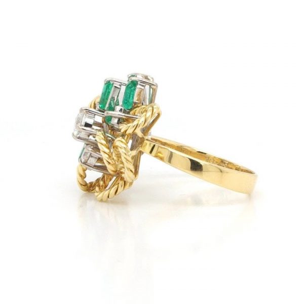 Vintage 18ct Yellow Gold, Emerald and Diamond Abstract Cluster Ring