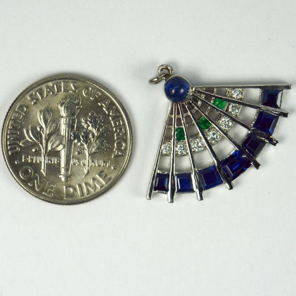 Art Deco Diamond, Sapphire and Emerald Fan Charm Pendant in Platinum