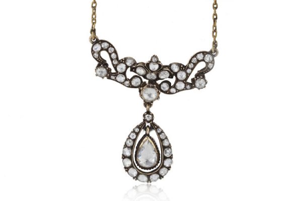 Antique Victorian Diamond Pendant Necklace, featuring rose-cut and round cut diamond panel suspending a pear cut diamond cluster drop, 5.82 carat total, mounted in 15ct yellow gold. Made in England, Circa 1850