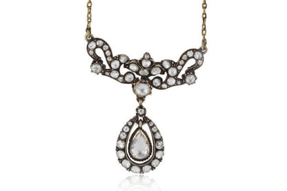 Antique Victorian Diamond Pendant Necklace, featuring rose-cut and round cut diamond panel suspending a pear cut diamond cluster drop, 5.82 carat total, mounted in 15ct yellow gold. Made in England, Circa 1850