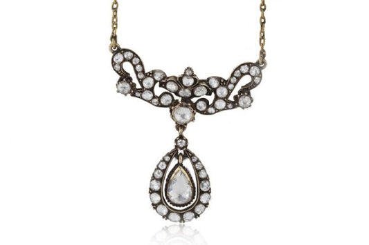 Antique Victorian Diamond Pendant Necklace, featuring rose-cut and round cut diamond panel suspending a pear cut diamond cluster drop, 5.82 carat total, mounted in 15ct yellow gold. Made in England, Circa 1850
