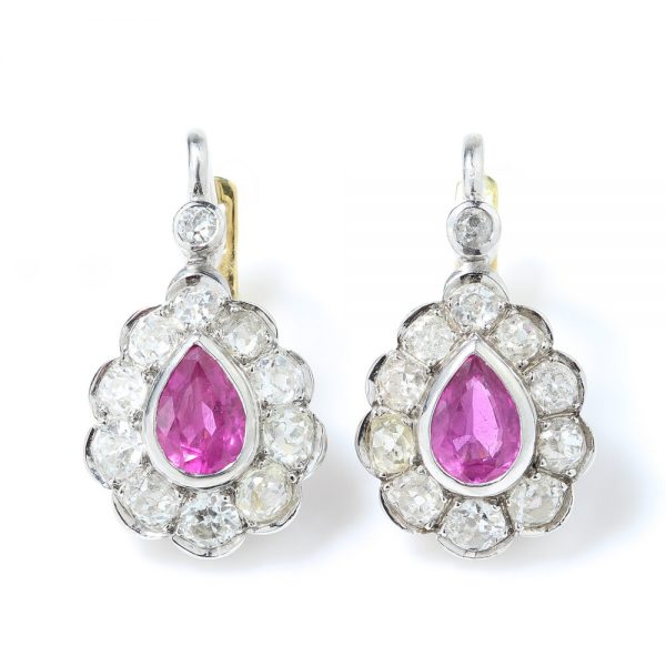 Art Deco Pink Sapphire and Old Cut Diamond Pear Shaped Drop Earrings
