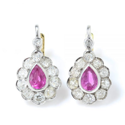 Art Deco Pink Sapphire and Old Cut Diamond Pear Shaped Drop Earrings