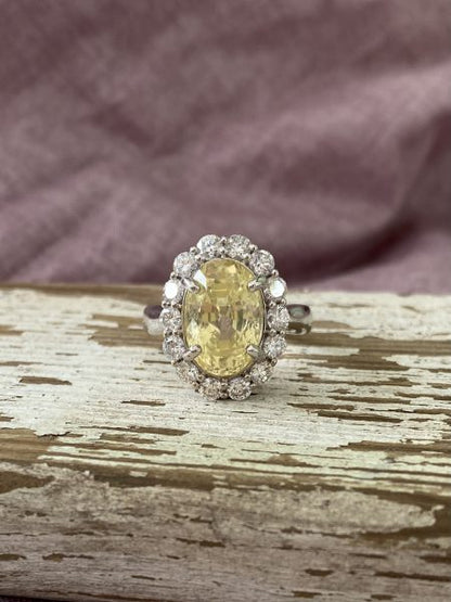 6.42ct Yellow Sapphire and Diamond Oval Cluster Ring in 18ct White Gold