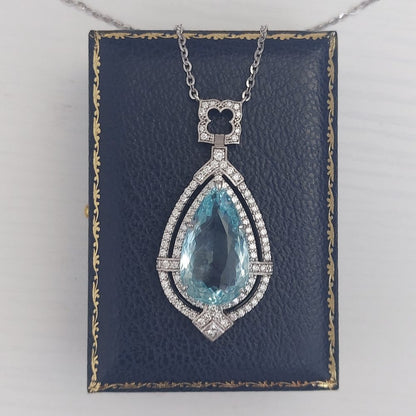 15.5ct Pear Cut Aquamarine and Diamond Cluster Pendant