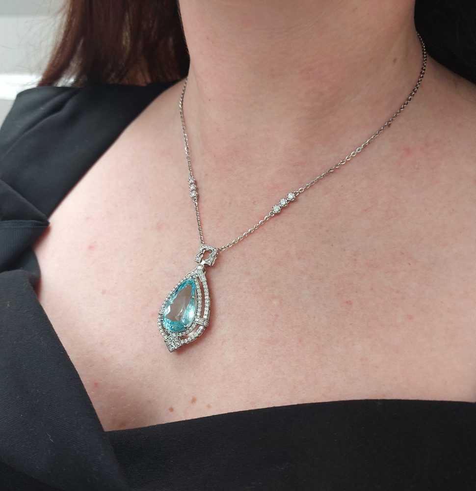 15.5ct Pear Cut Aquamarine and Diamond Cluster Pendant