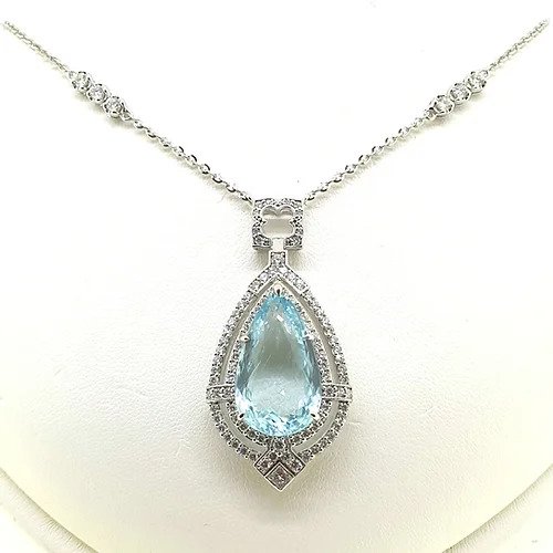 15.5ct Pear Cut Aquamarine and Diamond Cluster Pendant in 18ct White Gold