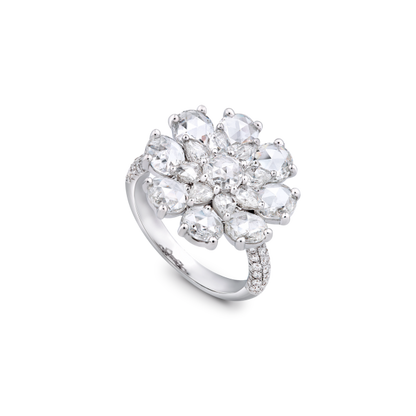 Rose Cut Diamond Blossom Flower Cluster Ring; featuring 2.82 carats of round and pear-shaped rose-cut diamonds, accented with 48 micro pave set diamonds