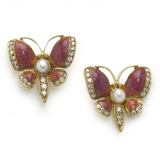 Pink Enamel, Diamond and Pearl Butterfly Earrings; pink guilloche enamel butterfly earrings set with 0.16cts round brilliant-cut diamonds and a pearl in each centre. Mounted in gold.