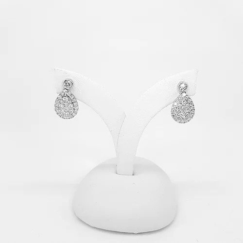 Pear Shaped Diamond Cluster Drop Earrings; brilliant cut diamonds arranged into pear-shaped clusters, suspended from round brilliant-cut diamond studs, 0.93 carat total, in 18ct white gold