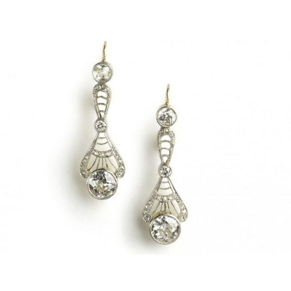 Edwardian Style Old Cut Diamond Drop Earrings; set with old-cut and rose-cut diamond, 2.40 carat total, mounted in gold with silver settings