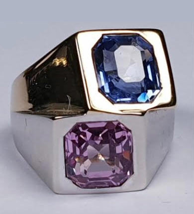 Avant Garde Pink and Blue Sapphire Two Tone Ring; striking vintage retro asymmetrical design with a natural unheated pink sapphire set in platinum and a 3ct natural unheated cornflour blue sapphire set in 18ct yellow gold. Attributed to Rene Boivin, French 1940