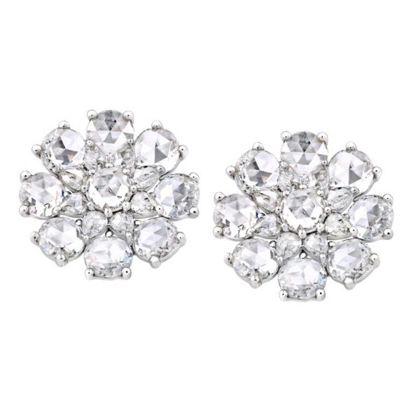 Rose Cut Diamond Flower Stud Earrings, 5.83 carat total, 18ct White Gold