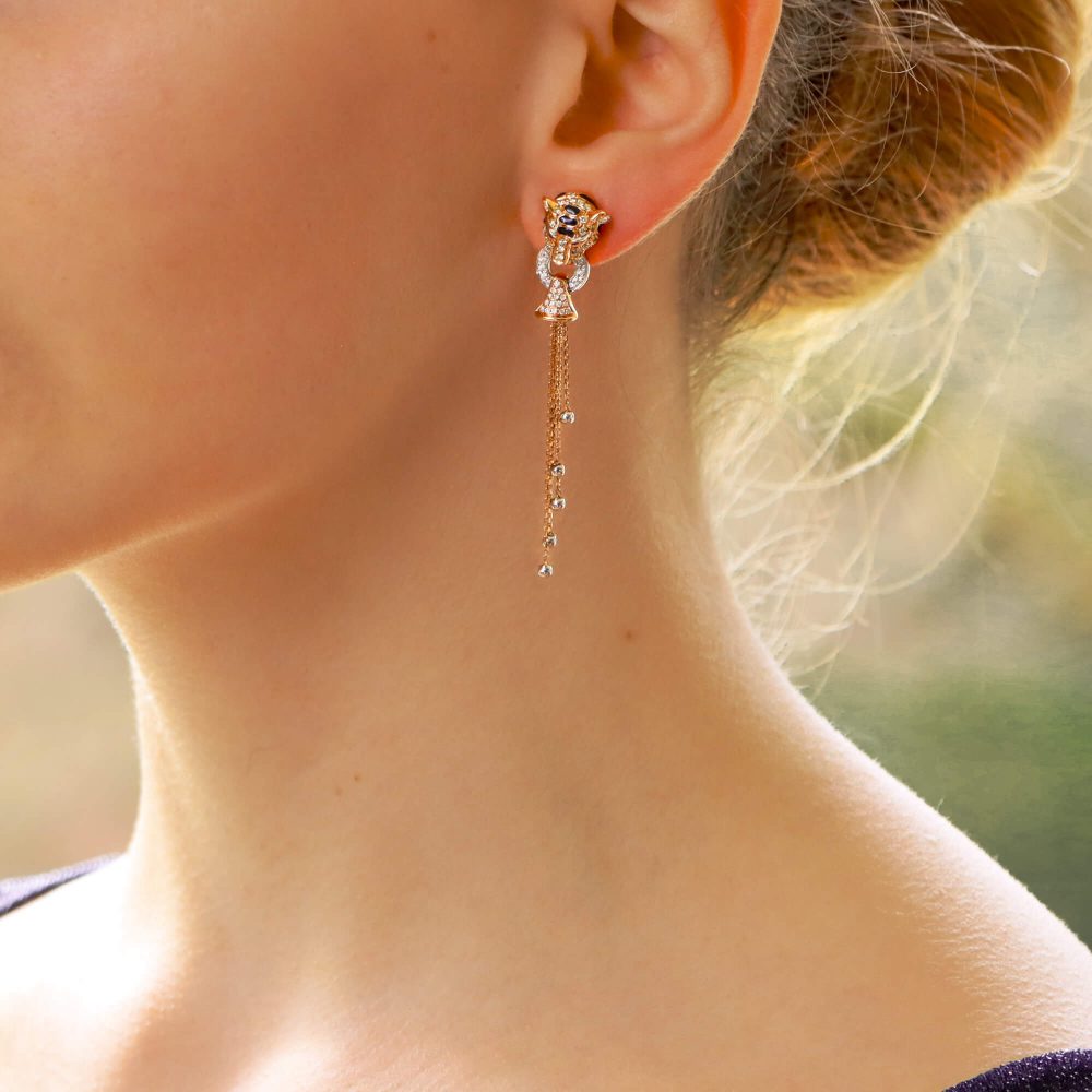 Diamond, Enamel and Ruby Tigers Head Drop Earrings