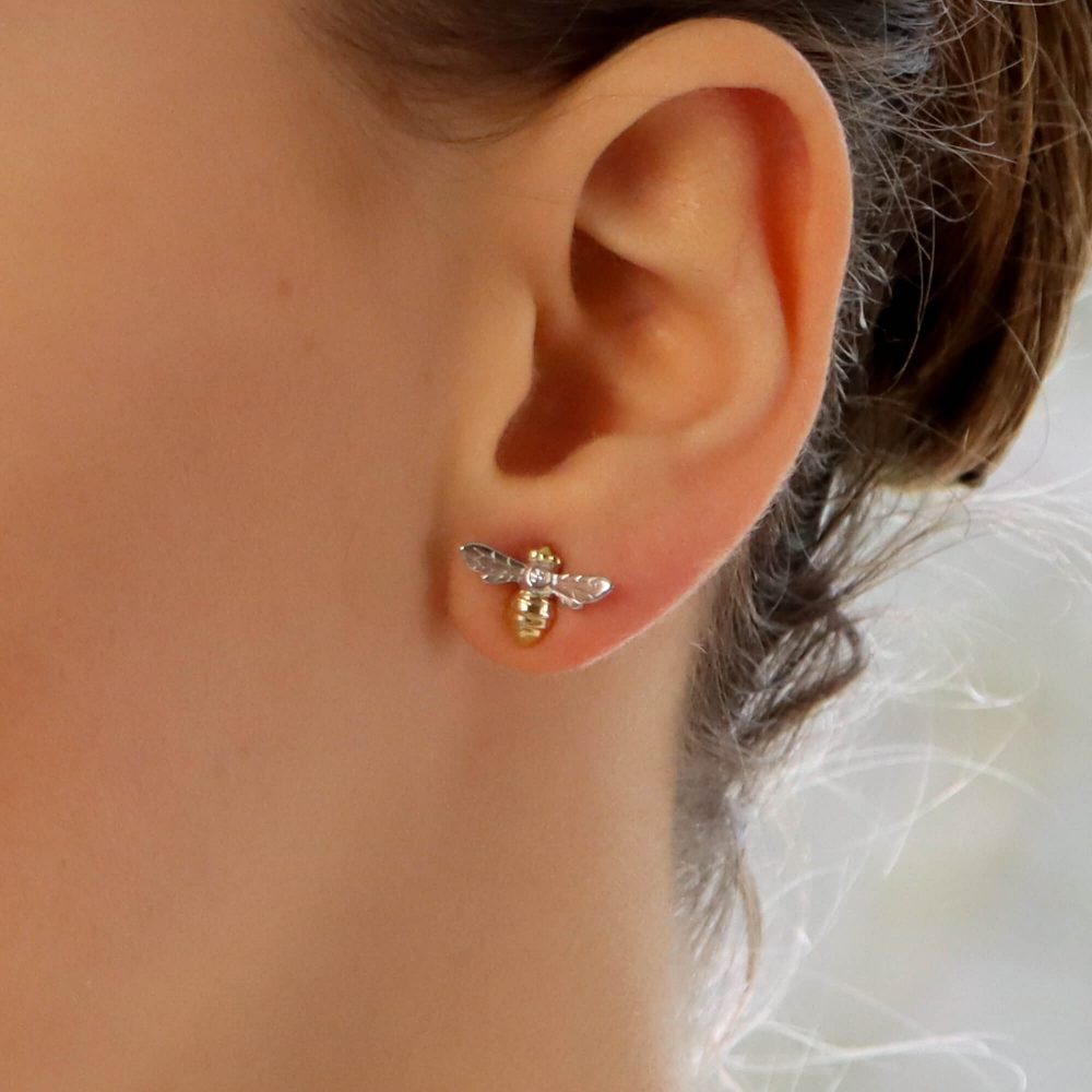 Diamond Set Gold Bee Stud Earrings
