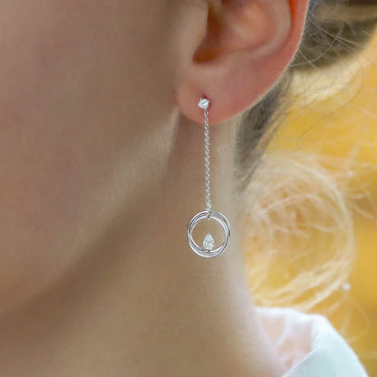 Pear Cut Diamond Drop Circle Earrings in 18ct White Gold