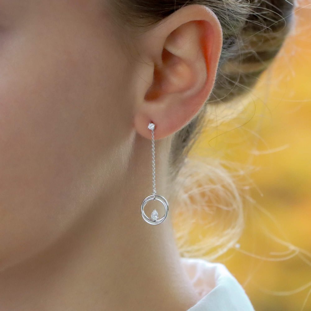Pear Cut Diamond Drop Circle Earrings in 18ct White Gold