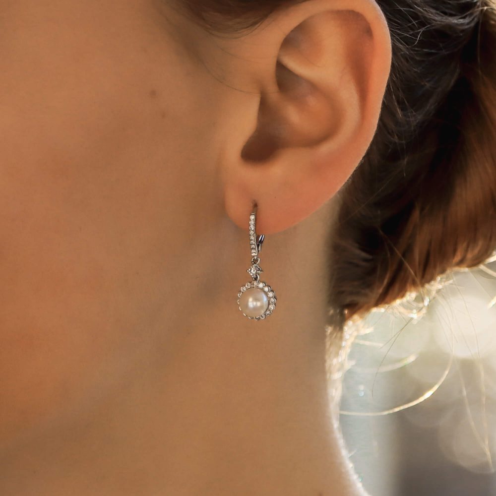 Pearl and Diamond Cluster Drop Earrings