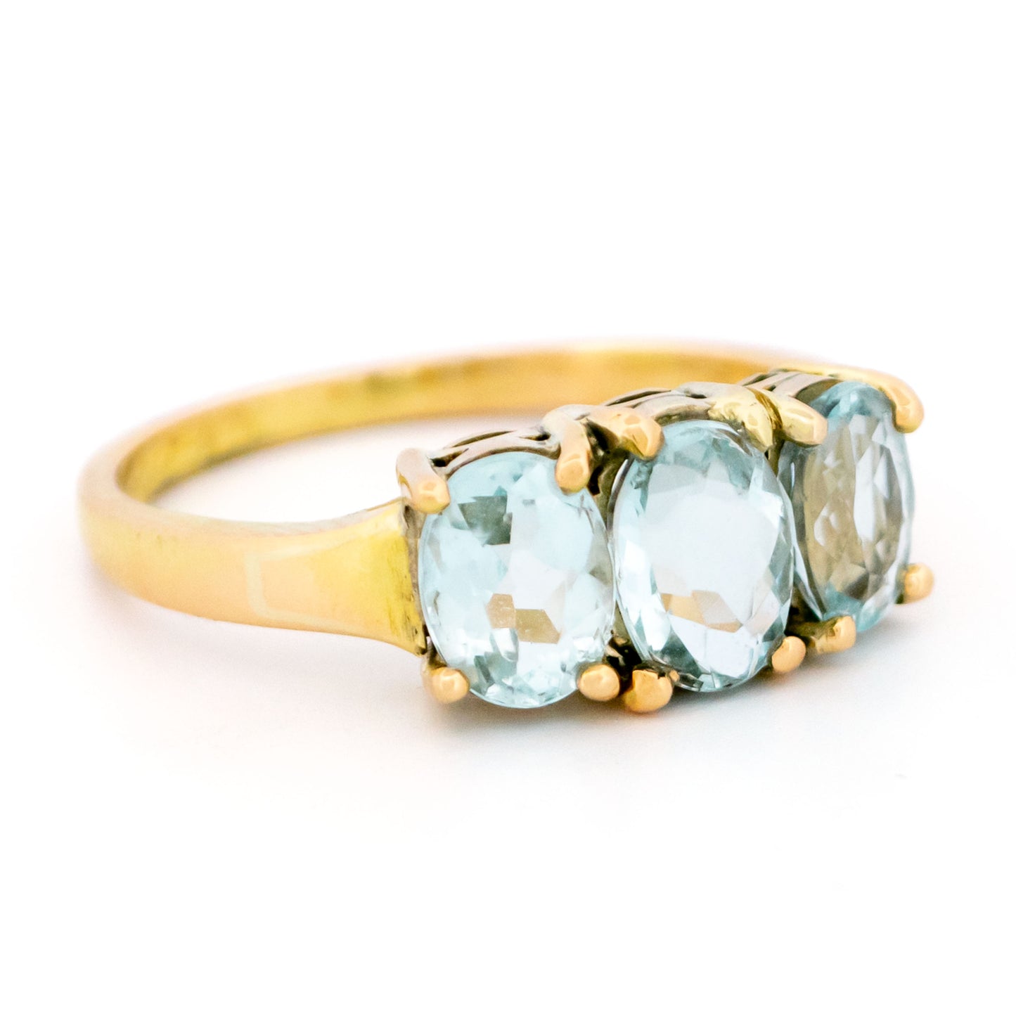18 Carat Yellow Gold Aquamarine Three Stone Ring, 1.80 Carats