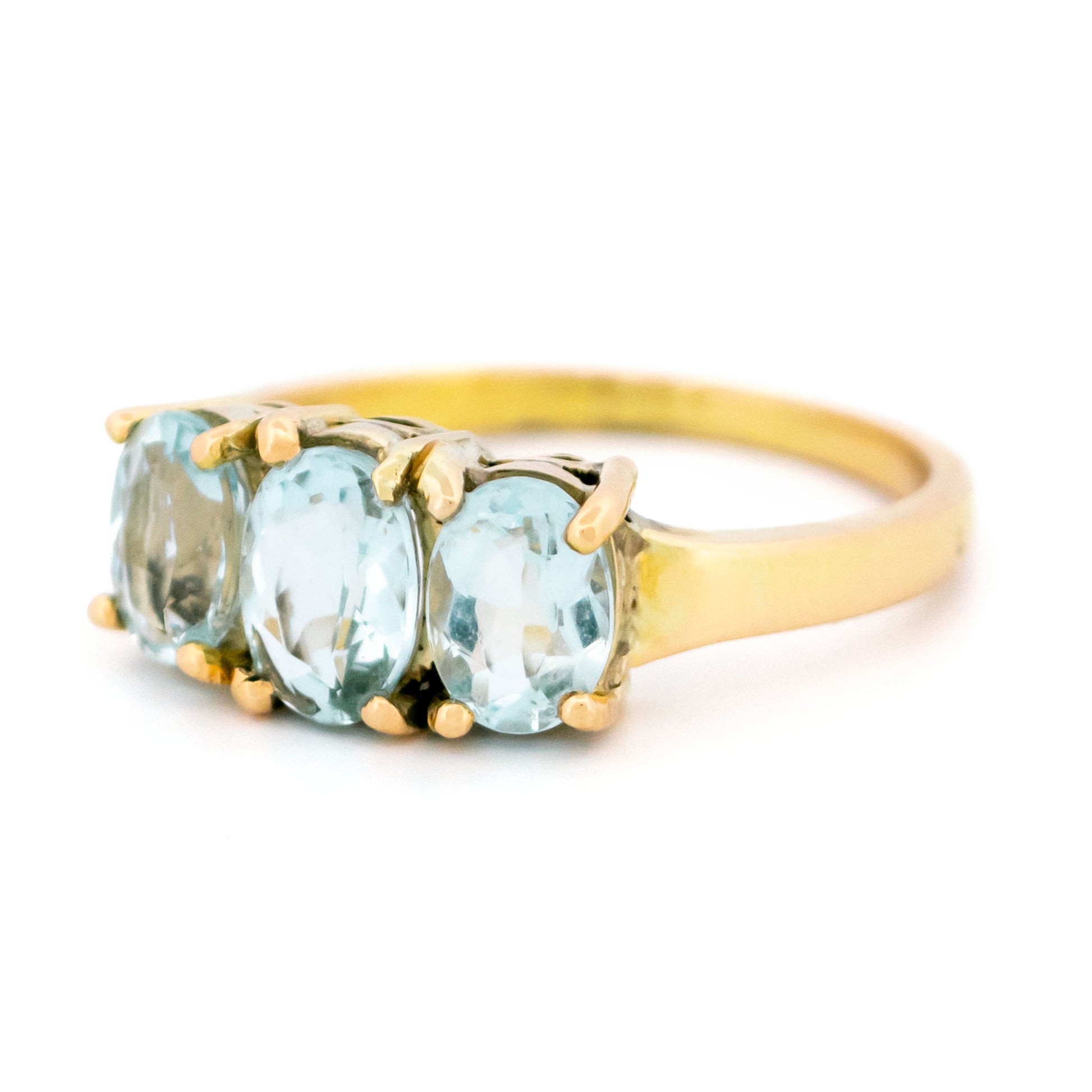 18 Carat Yellow Gold Aquamarine Three Stone Ring, 1.80 Carats