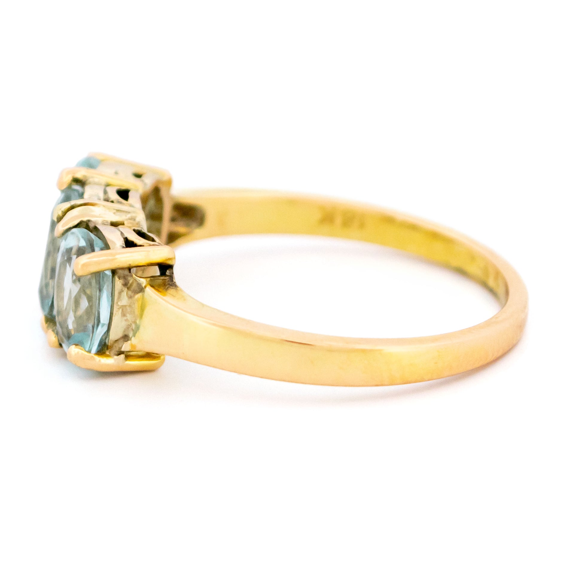 18 Carat Yellow Gold Aquamarine Three Stone Ring, 1.80 Carats