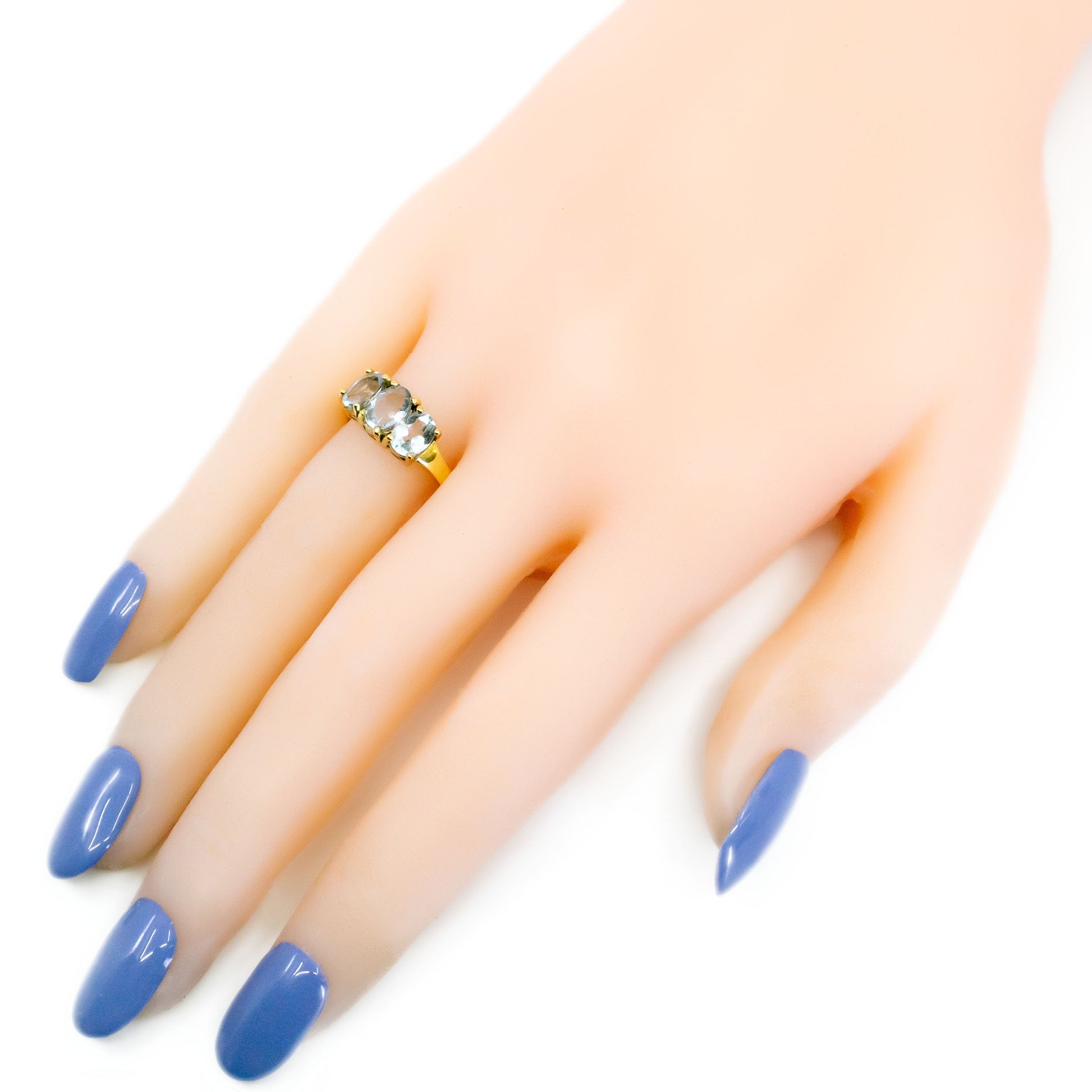 18 Carat Yellow Gold Aquamarine Three Stone Ring, 1.80 Carats