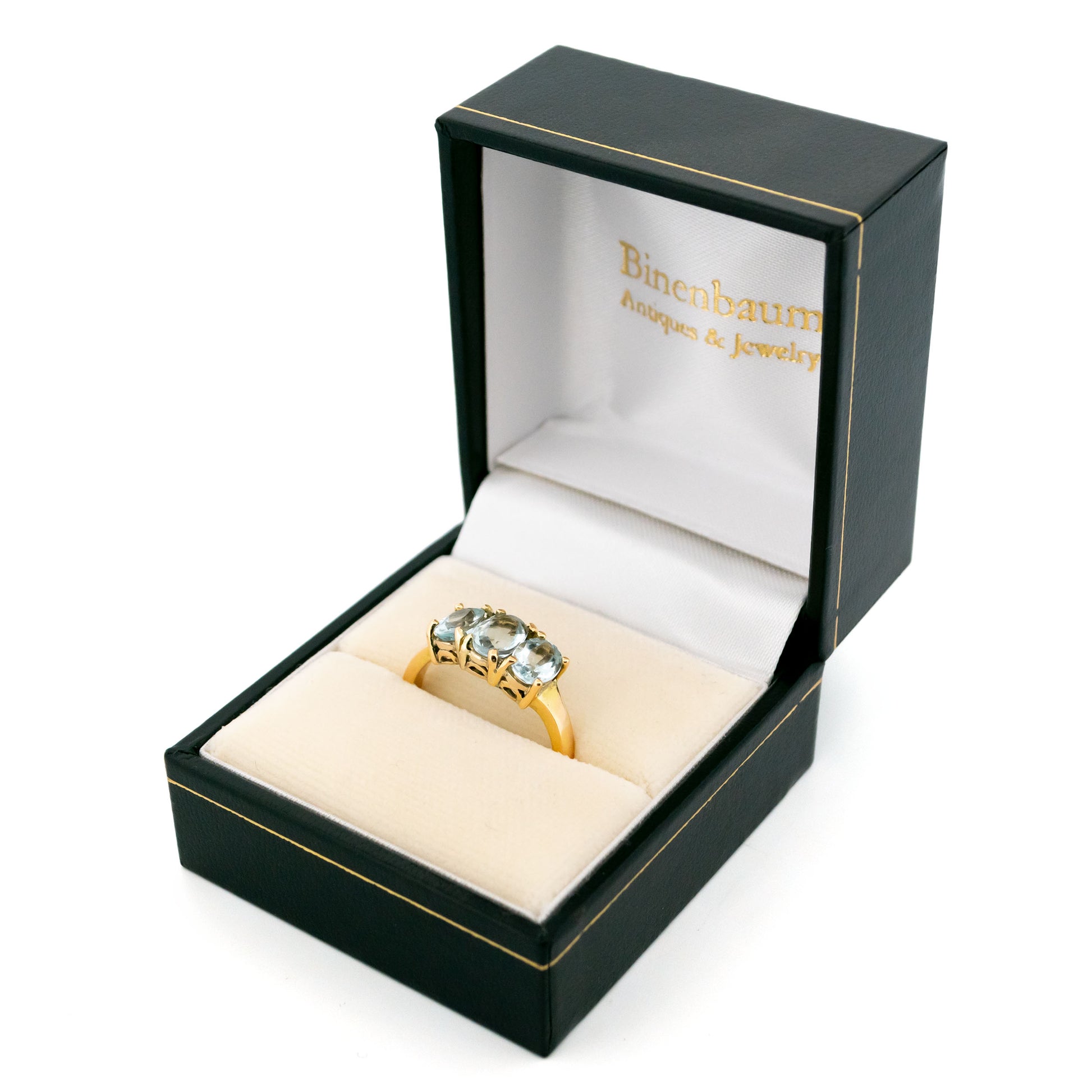 18 Carat Yellow Gold Aquamarine Three Stone Ring, 1.80 Carats