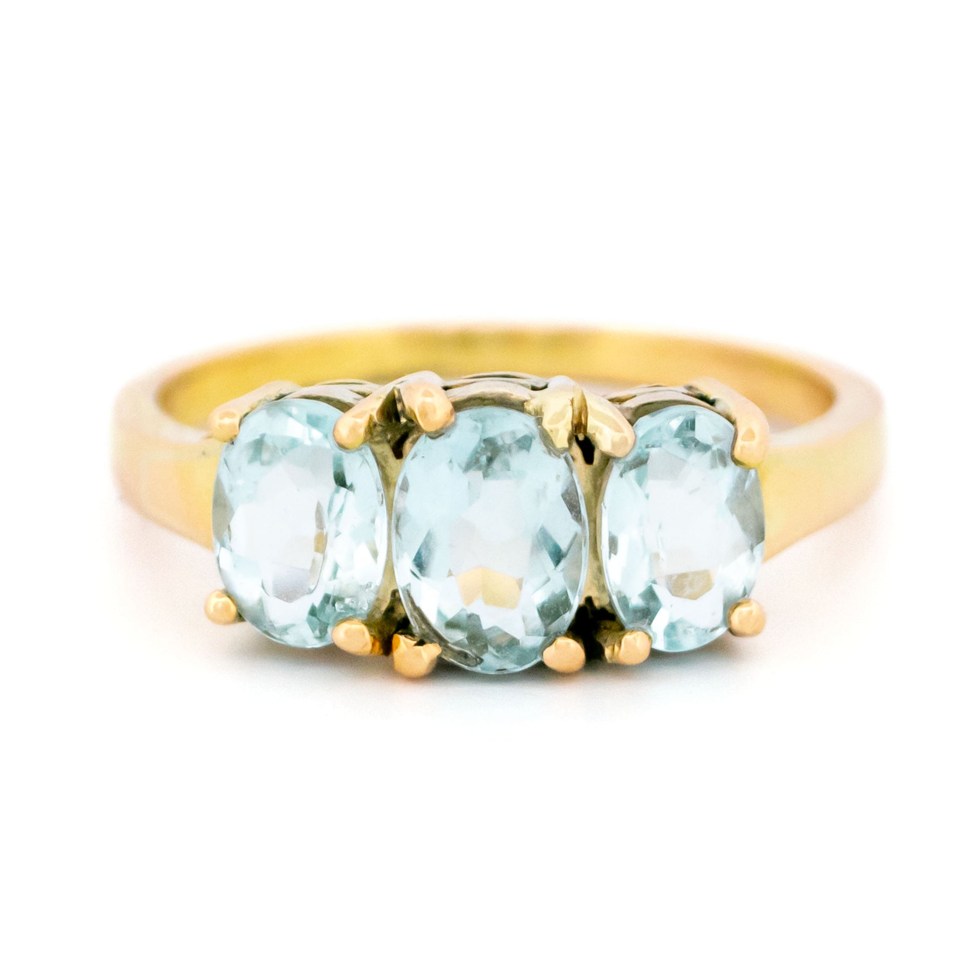 18 Carat Yellow Gold Aquamarine Three Stone Ring, 1.80 Carats