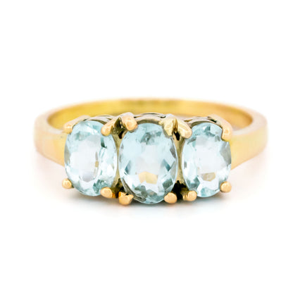 18 Carat Yellow Gold Aquamarine Three Stone Ring, 1.80 Carats