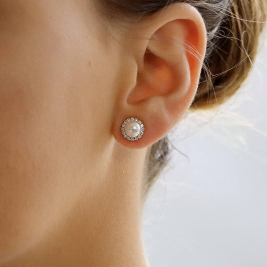 Contemporary Pearl And Diamond Cluster Stud Earrings In 18 Carat White Gold