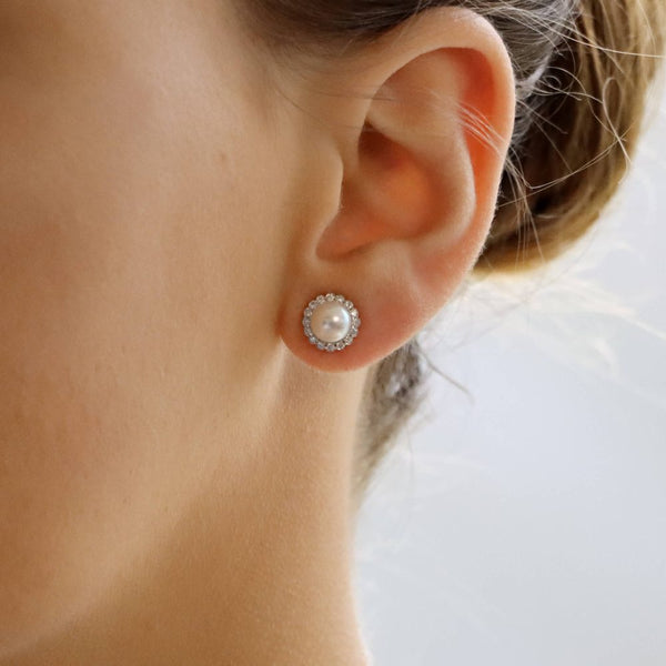 Contemporary Pearl And Diamond Cluster Stud Earrings In 18 Carat White Gold