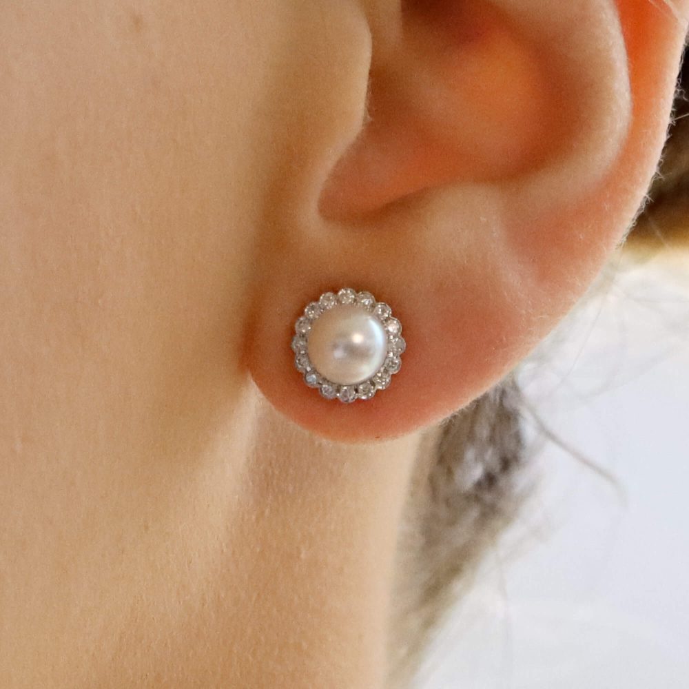 Contemporary Pearl And Diamond Cluster Stud Earrings In 18 Carat White Gold