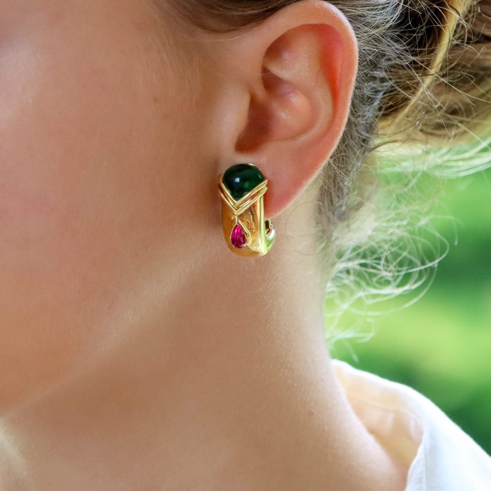 Green and pink tourmaline half hoop clip on earrings in gold